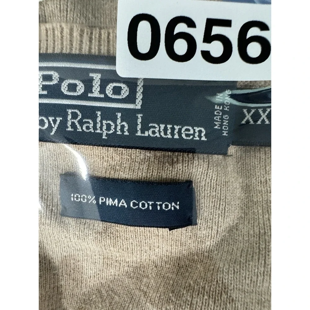 Vintage 90s Polo Ralph Lauren Mens XXL Pima Cotton V Neck Sweater Tan Pony